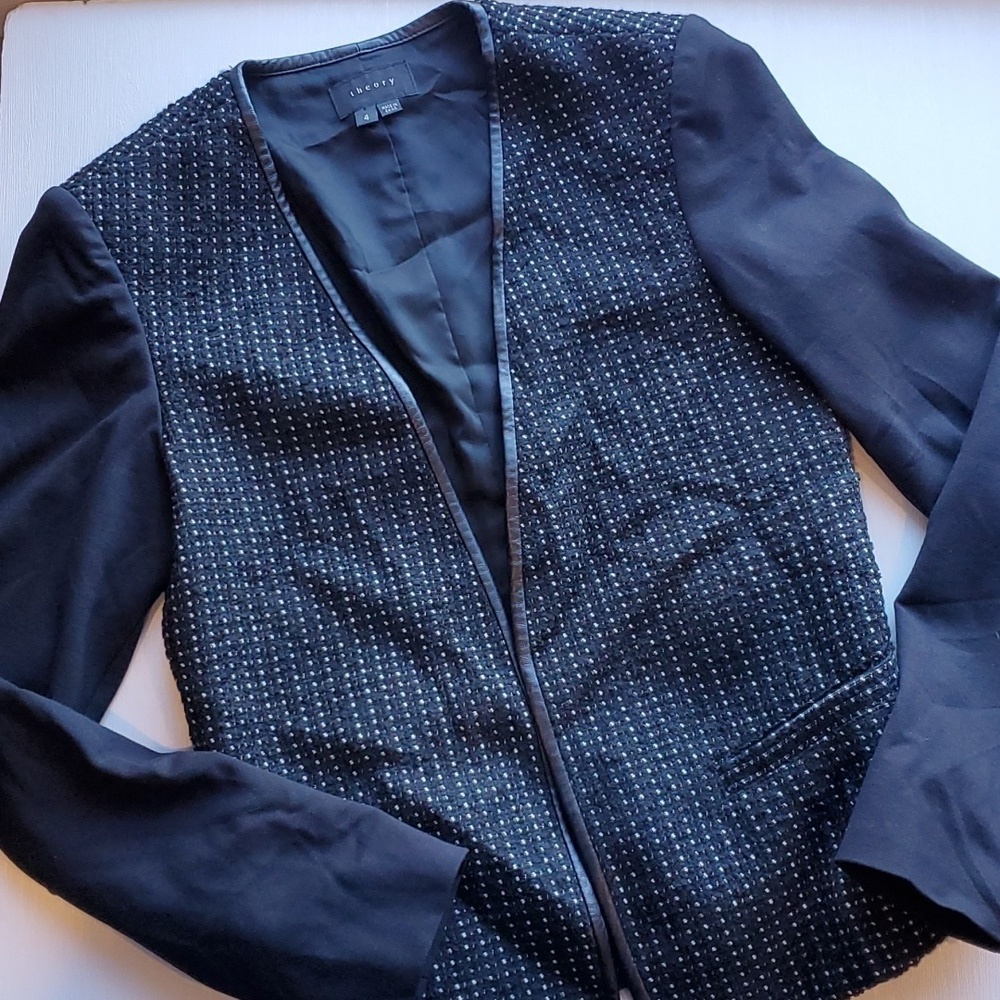 Theory Black Wool Blend Open Front Slim Tweed Blazer with Lamb Leather Trim 4